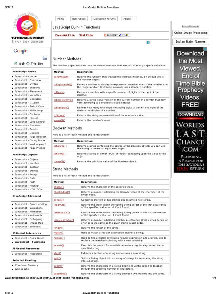 Javascript Built-In Functions | Download Free PDF | Java Script ...
