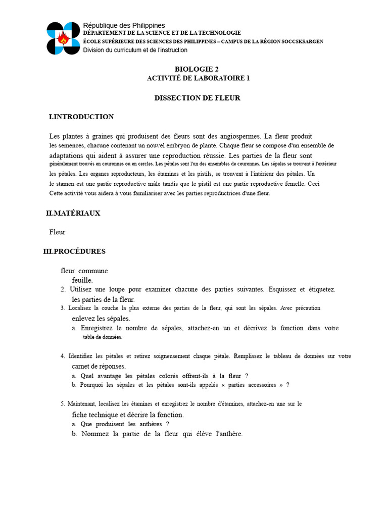 ACTIVITÉ 1 Dissection de La Fleur | PDF | Fleurs | Pétale