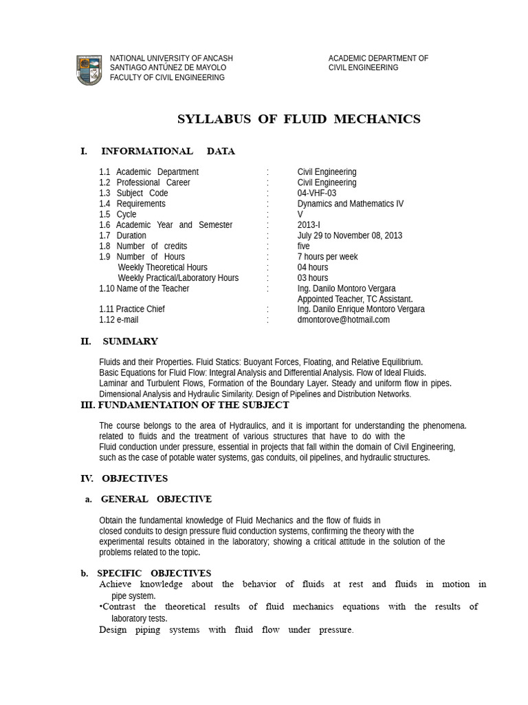 Fluid Mechanics Syllabus for Civil Engineering | PDF | Fluid Dynamics ...