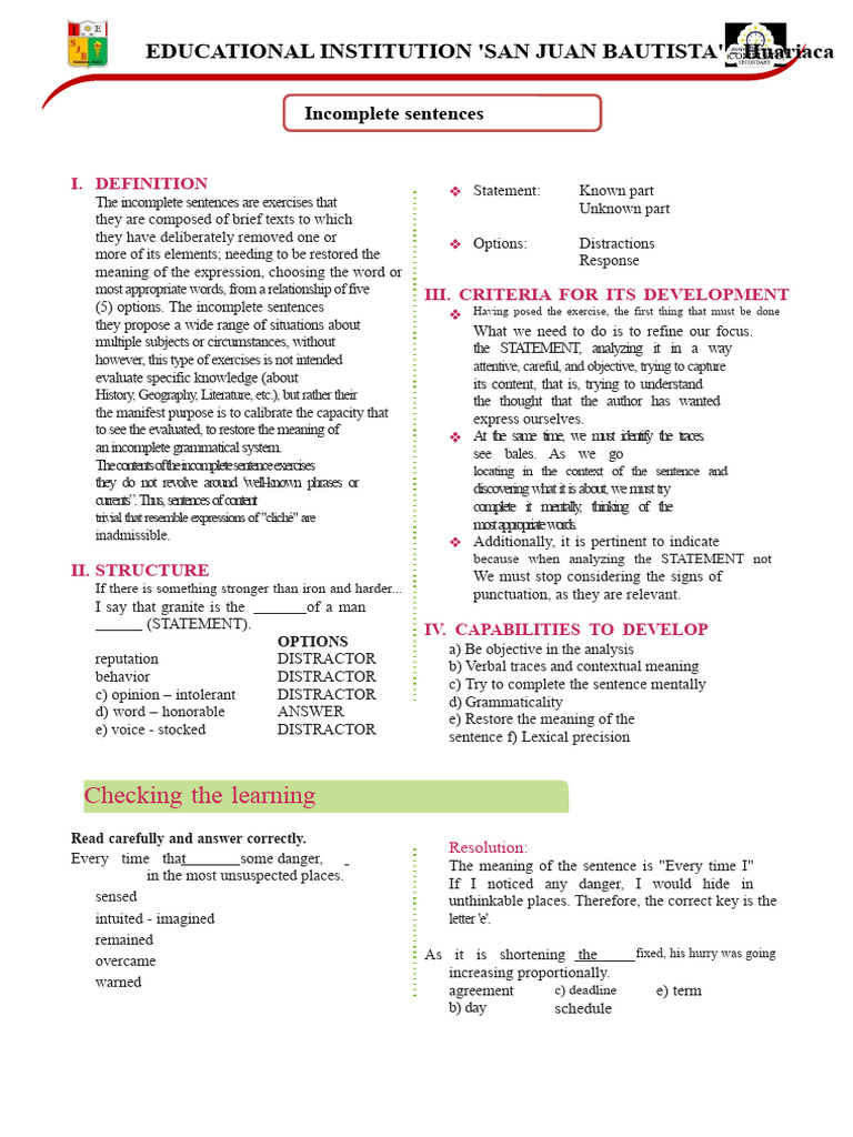 Incomplete Sentence Exercises Guide | PDF | Semantics | Word