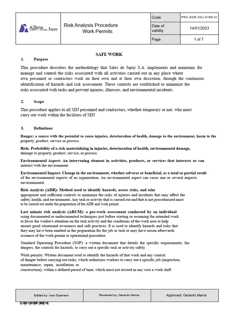 Risk Analysis and Work Permit Procedure | PDF | Risk Assessment | Risk