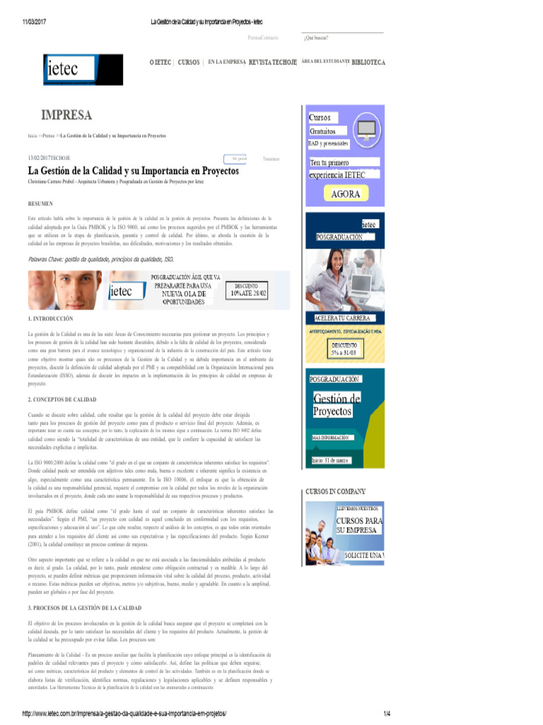 La Gestión de La Calidad y Su Importancia en Proyectos - Ietec | PDF ...