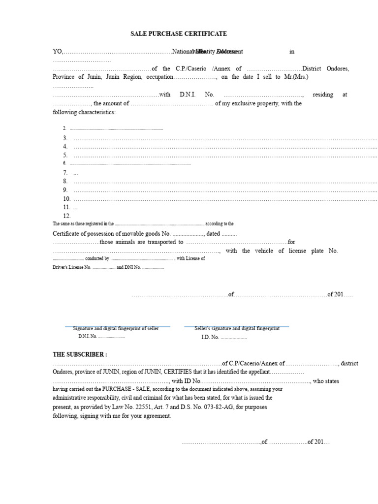 Sale Purchase Certificate Template | PDF
