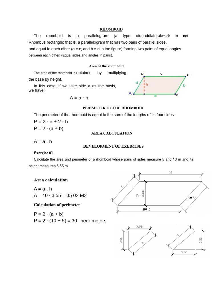 Rhomboid Area and Perimeter Formula | PDF | Area | Geometry