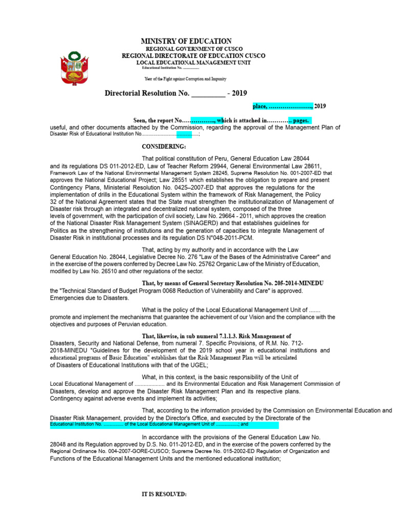 R.D. Approval of The Disaster Risk Management Plan 2019 (Contextualize ...