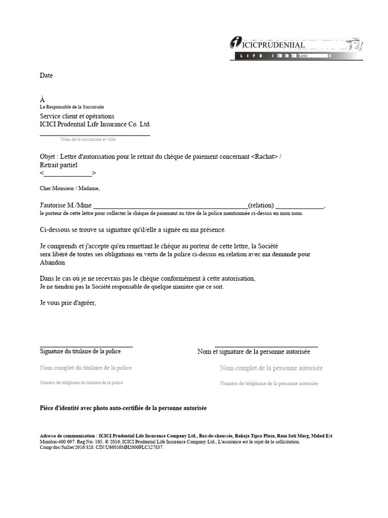 Autorisation de retrait de chèque ICICI | PDF