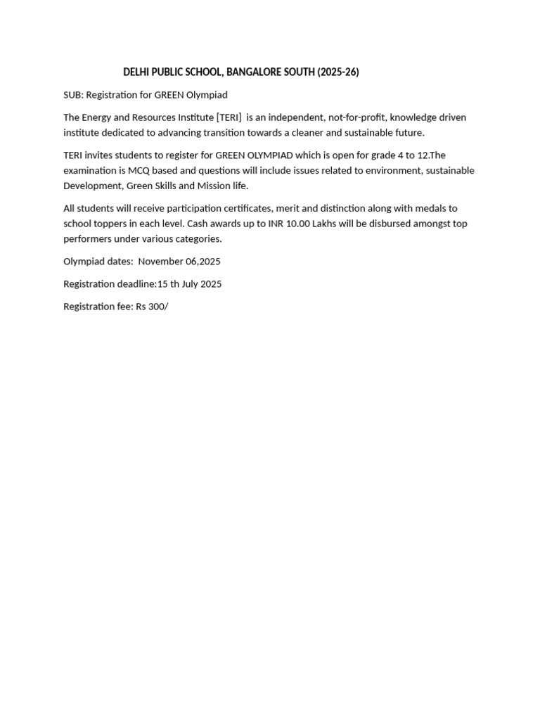 Green Olympiad 2025 Registration Open | PDF