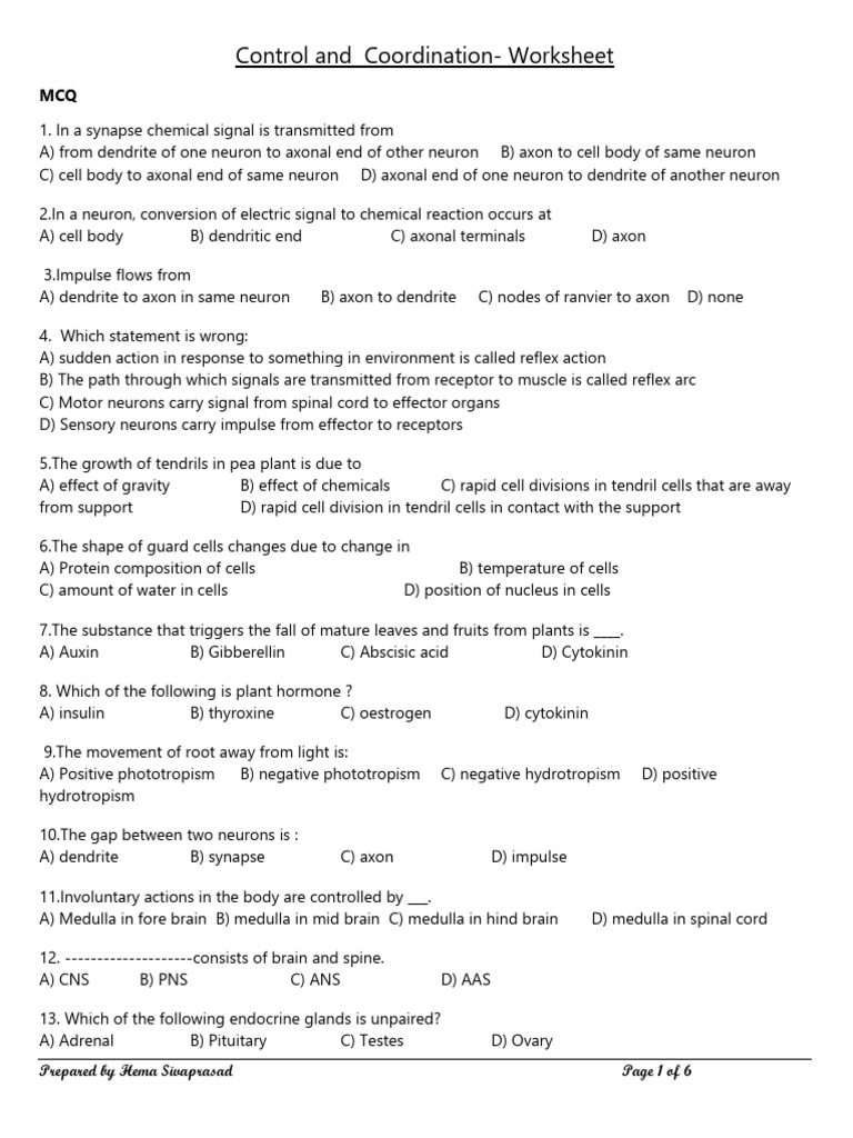 Control and Coordination MCQ Worksheet | PDF | Central Nervous System ...