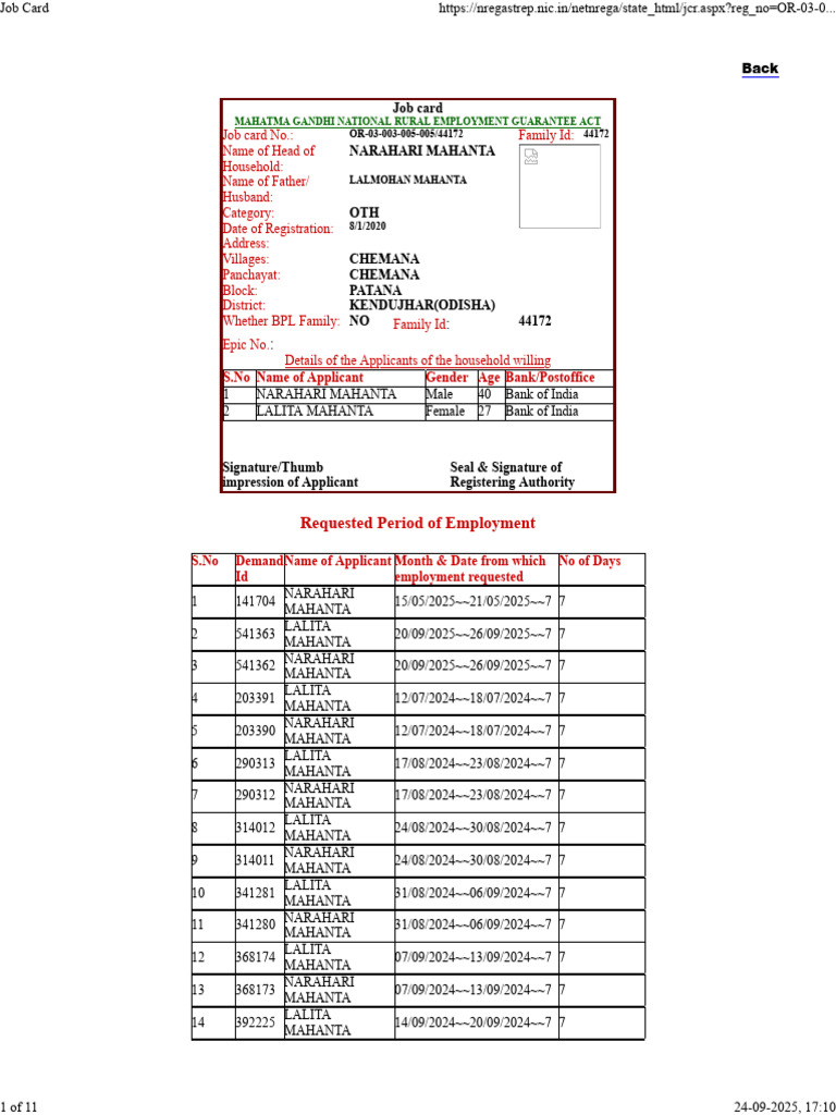 NREGA Job Card for Narahari Mahanta | PDF | Standard Of Living ...
