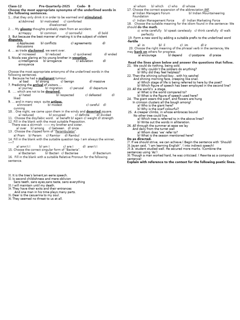 Class 12 English Synonyms and Antonyms Test | PDF | Linguistic Typology ...