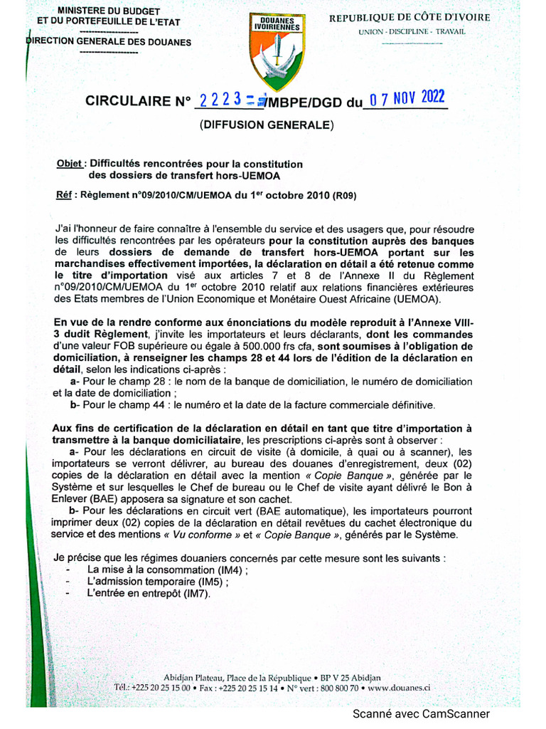 Circulaire Douane 2223 | PDF