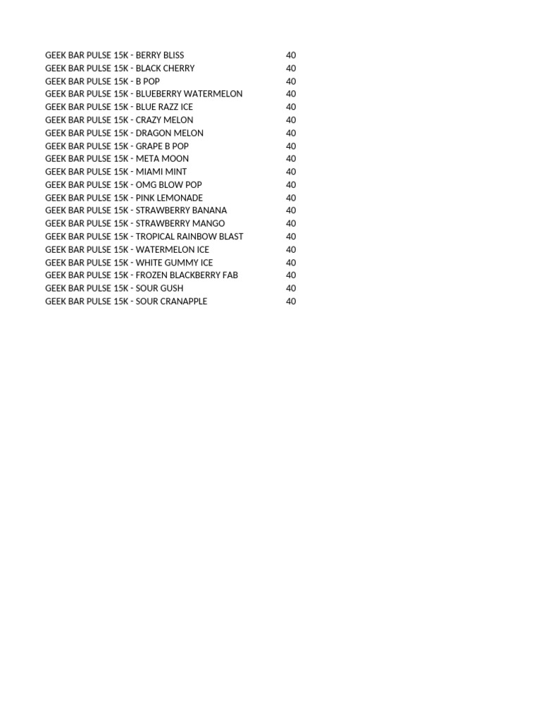 geek bar pulse flavors chart 15K & X Flavor List | PDF | Edible Fruits Disposables FLAVORS:WATERMELON ICE Geek Bar Pulse 15000