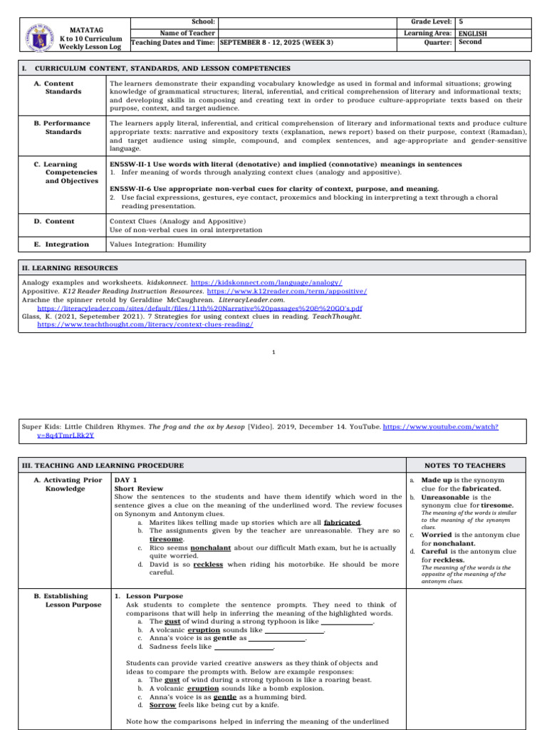 Weekly Lesson Plan: English Grade 5 | PDF | Reading Comprehension | Athena