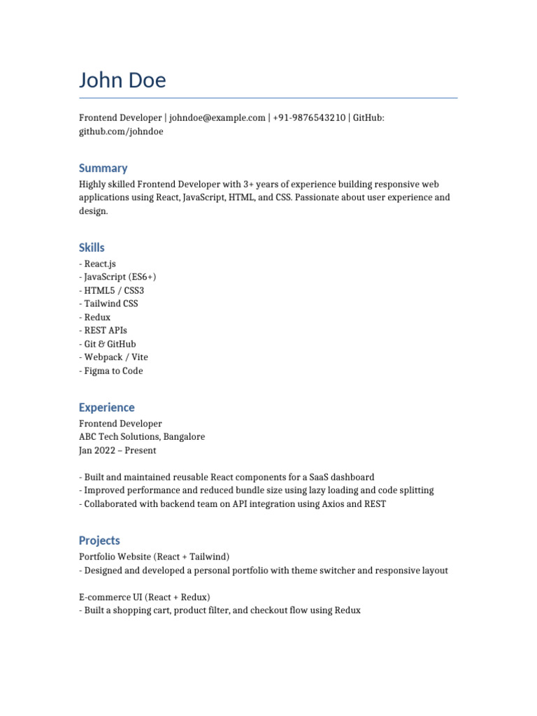 Frontend Developer Sample Resume | PDF