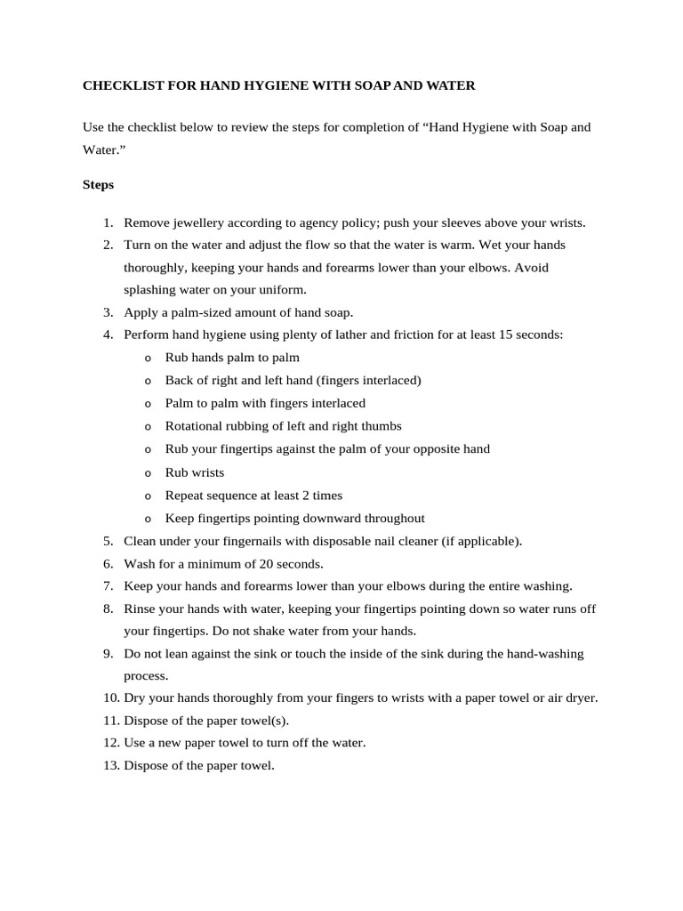 Checklist For Hand Hygiene With Soap and Water | PDF | Infection | Hand ...