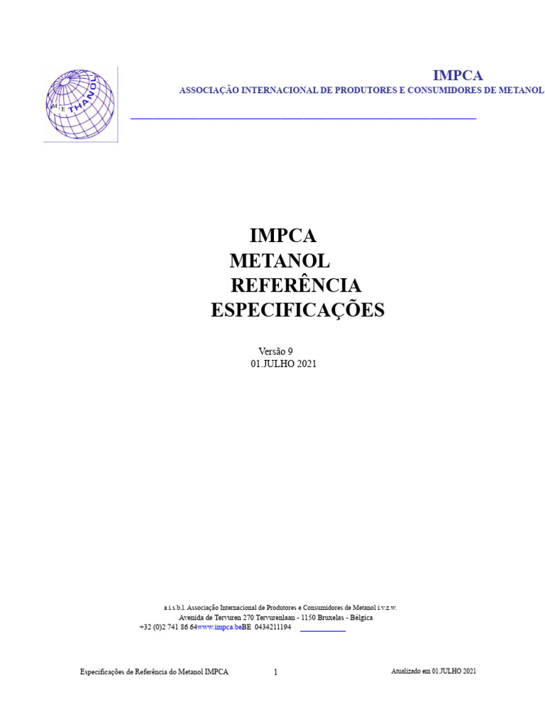 Especificações de Metanol IMPCA 2021 | PDF