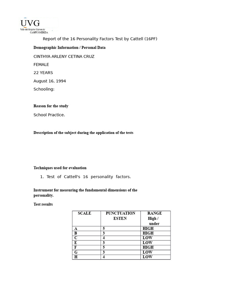Report of the 16 FP Test (2) | PDF | Self Concept | Psychological Concepts