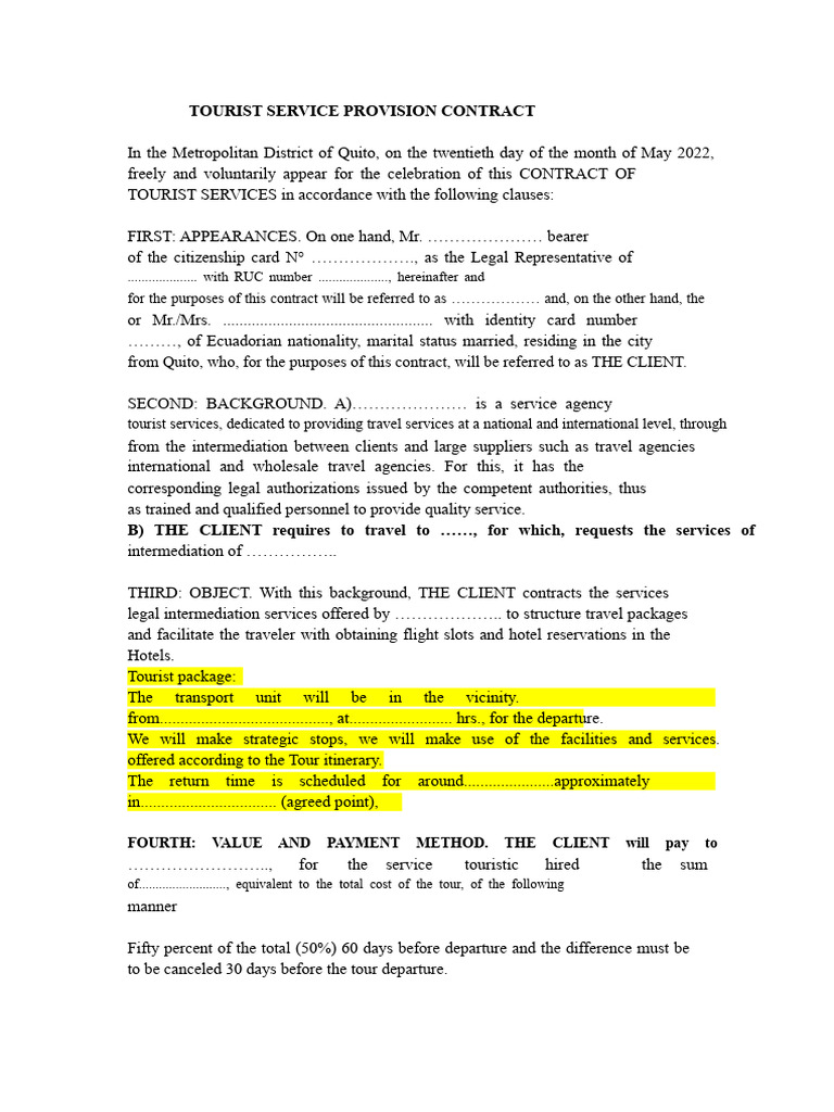 Quito Tourist Service Contract Template | PDF | Private Law | Common Law