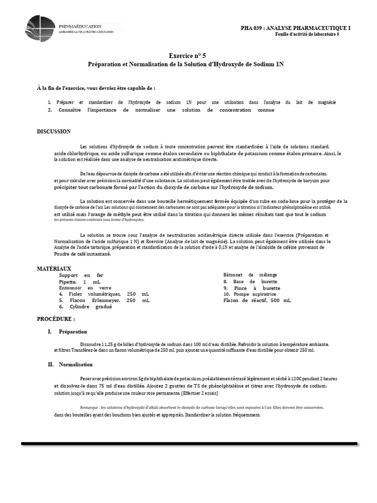 Normalisation de NaOH 1N en laboratoire | PDF | Hydroxyde de sodium ...