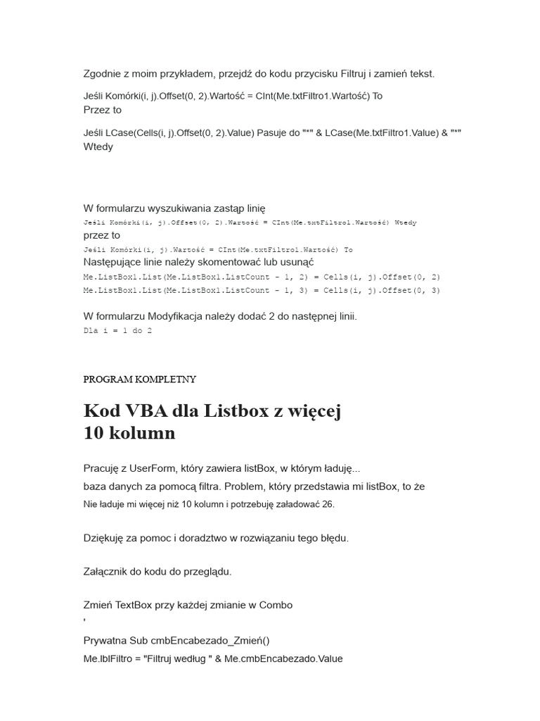 Kod VBA Dla ListBox Z Więcej Niż 10 Kolumnami | PDF