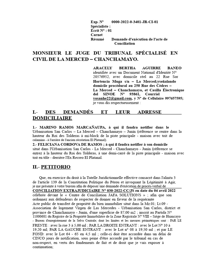 Demande d'exécution de conciliation judiciaire | PDF | Résolution de ...