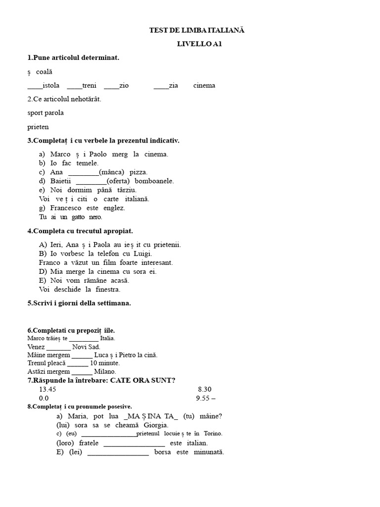 Test de Limba Italiana A1 | PDF
