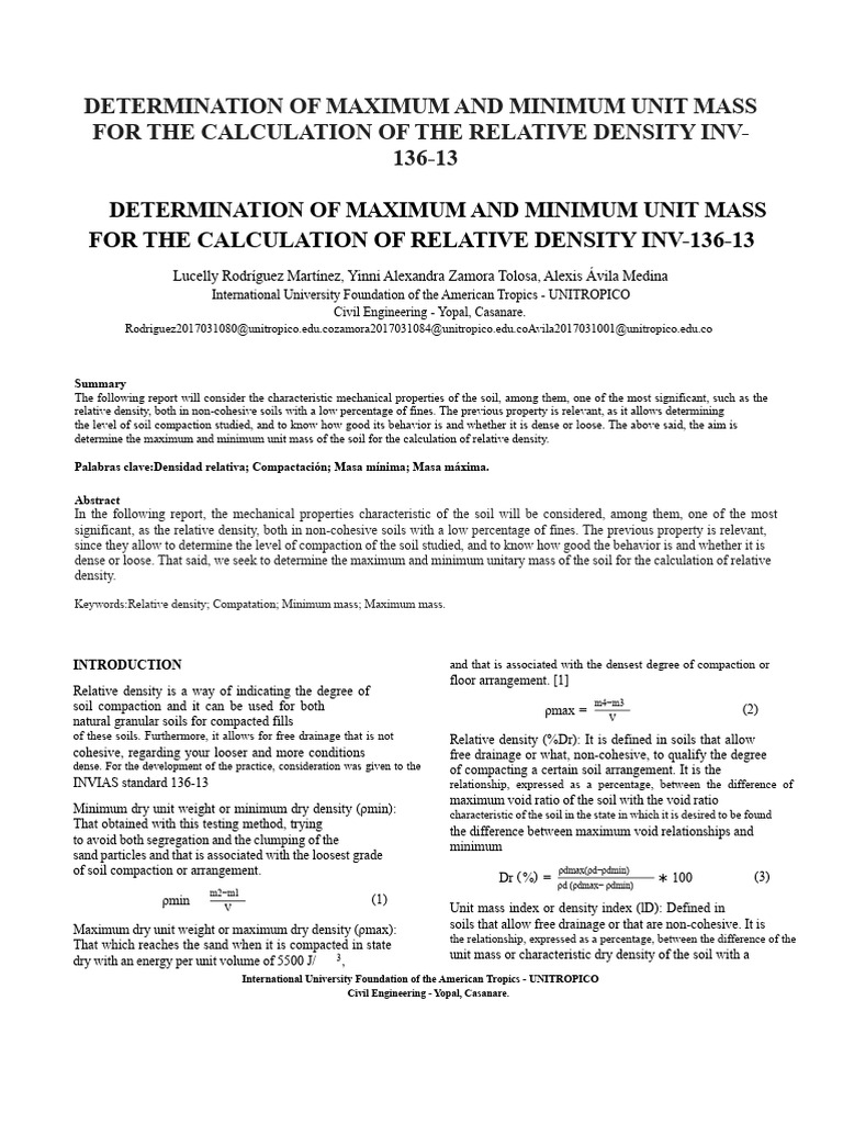 Soil Unit Mass for Relative Density Calculation | PDF | Density ...