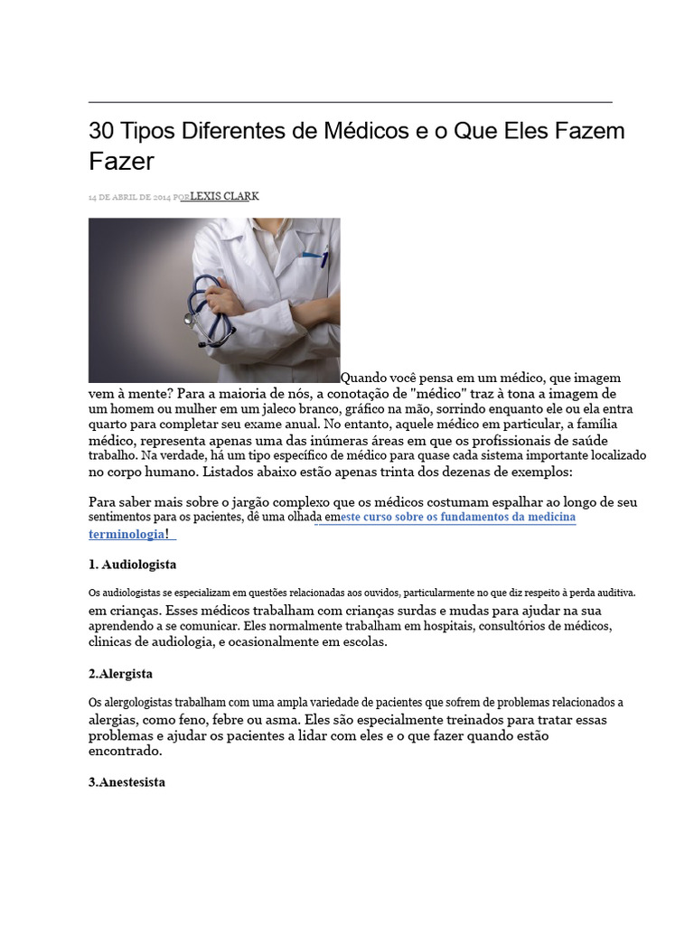 30 Tipos Diferentes de Médicos e O Que Eles Fazem | PDF | Câncer ...