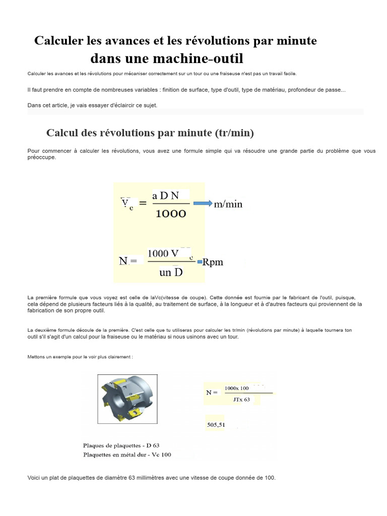 Calcul des avances et tr/min en usinage | PDF | Usinage | Ingénierie ...