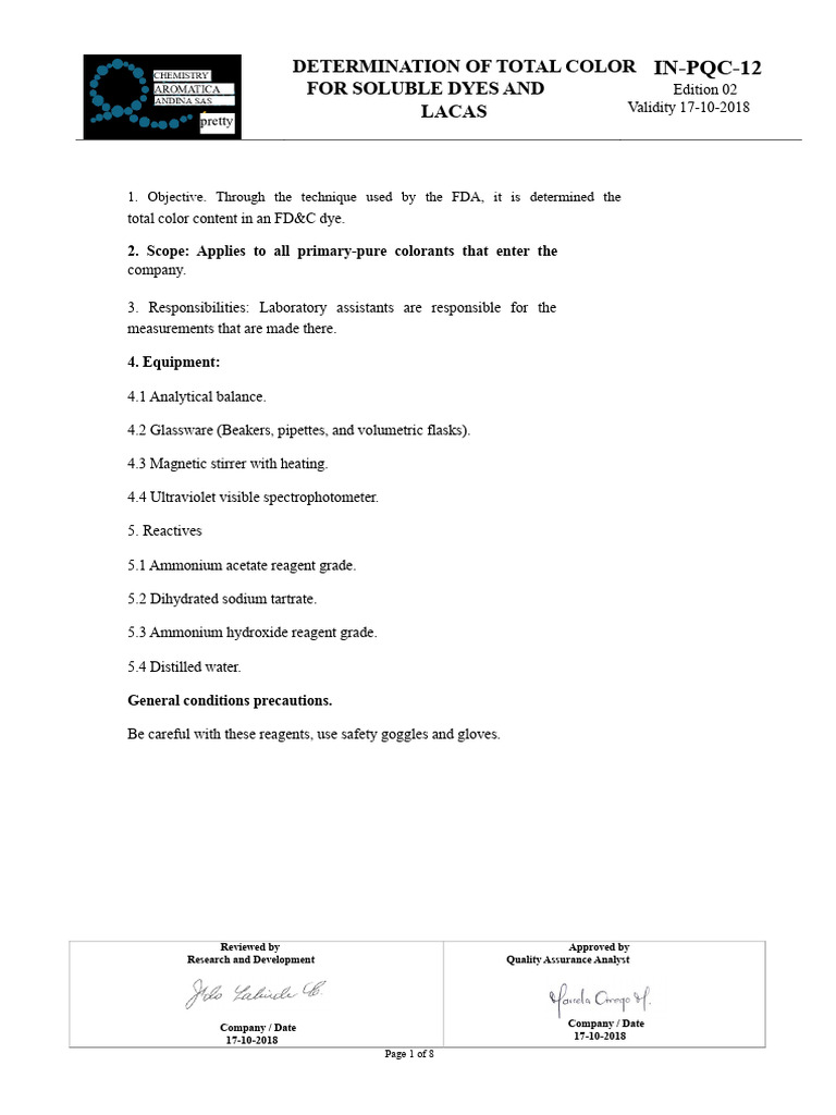 In-Pqc-13 Determination of Total Color For Soluble Dyes and Lakes | PDF ...