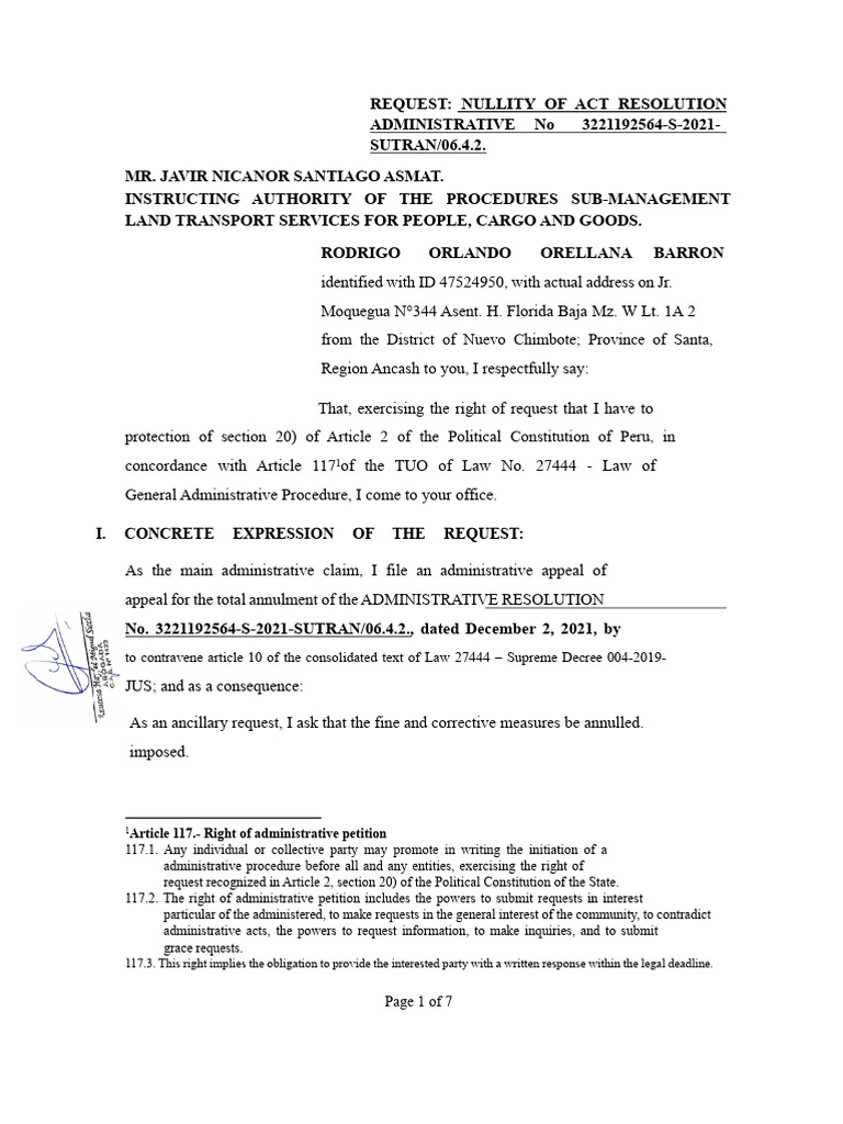 Nullity Appeal for Administrative Resolution | PDF | Decree | Justice
