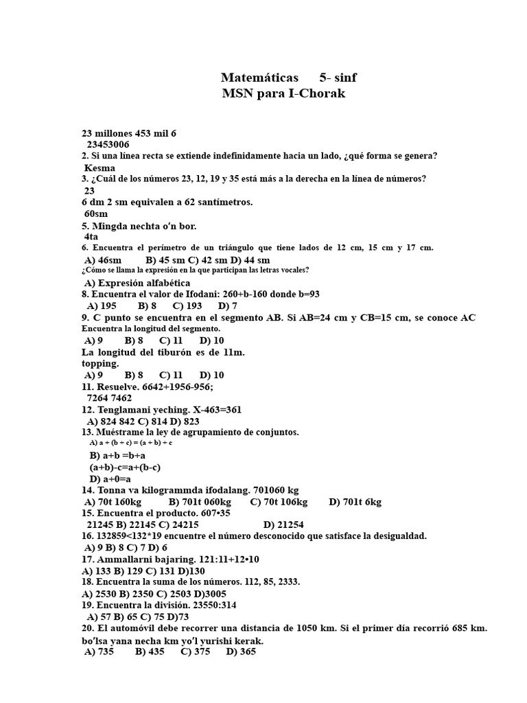 5 Sinf Matematika Fanidan Barcha Choraklar Uchun Test Savollari | PDF ...