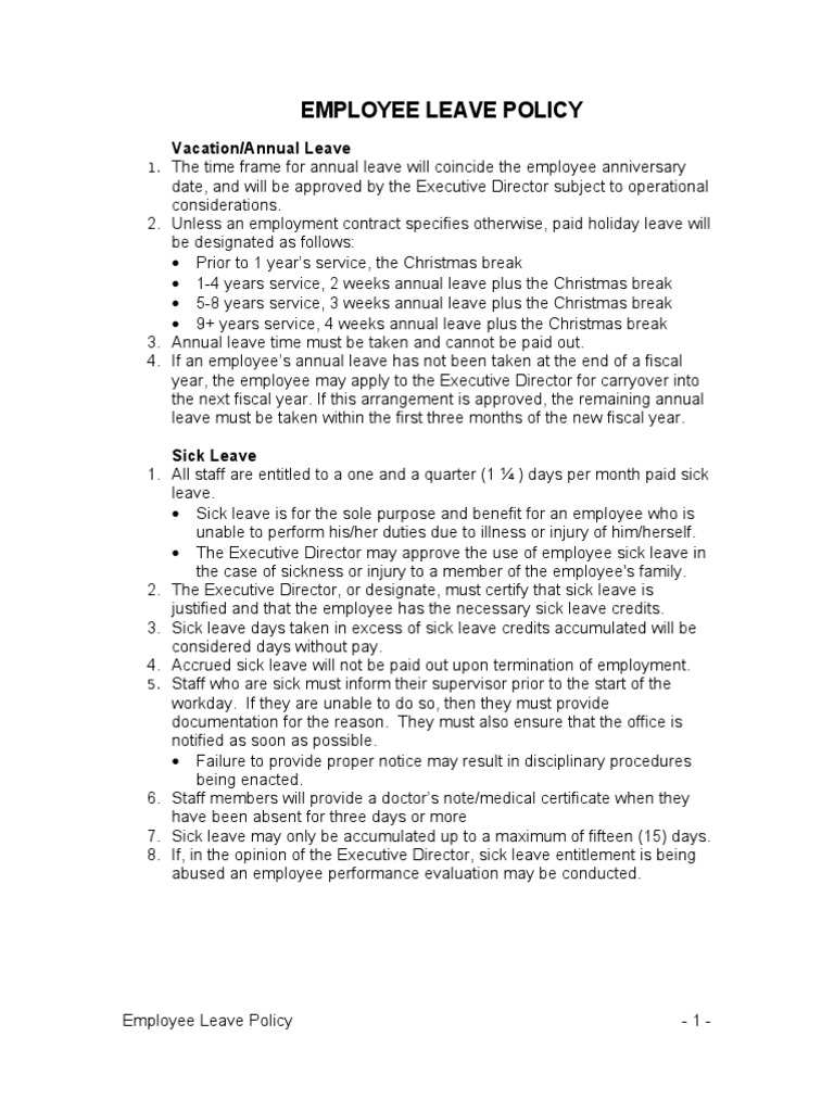 Employee Leave Policy Sick Leave Annual Leave
