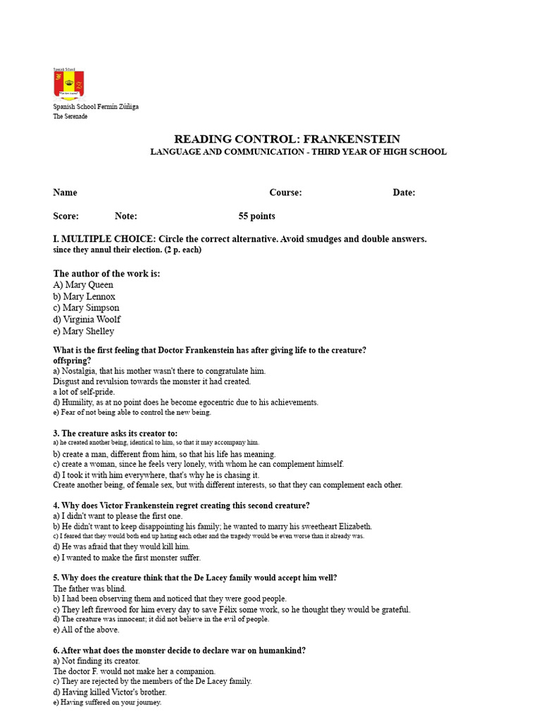 Frankenstein Reading Control Quiz | PDF | Frankenstein