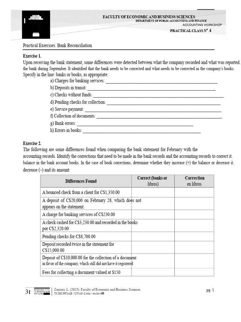 Bank Reconciliation Practical Exercises | PDF | Banks | Deposit Account