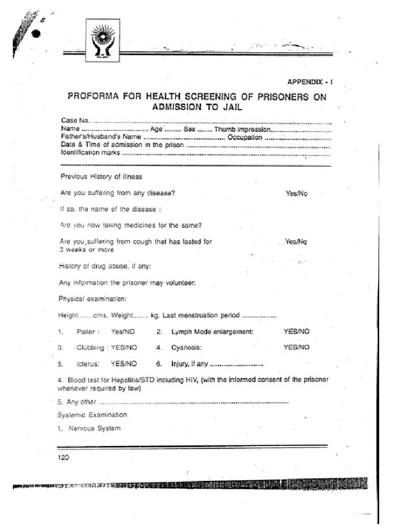 Health Screening Proforma for Prisoners | PDF | Medical Specialties ...