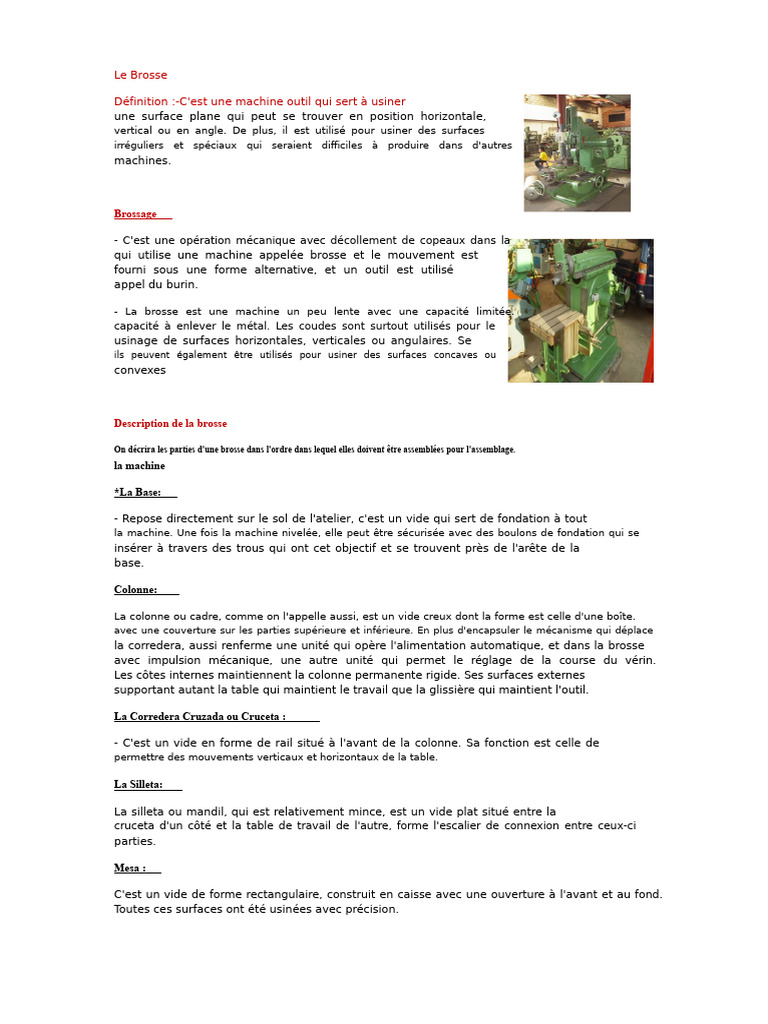 Machine à brosser : fonctionnement et composants | PDF | Usinage | Acier