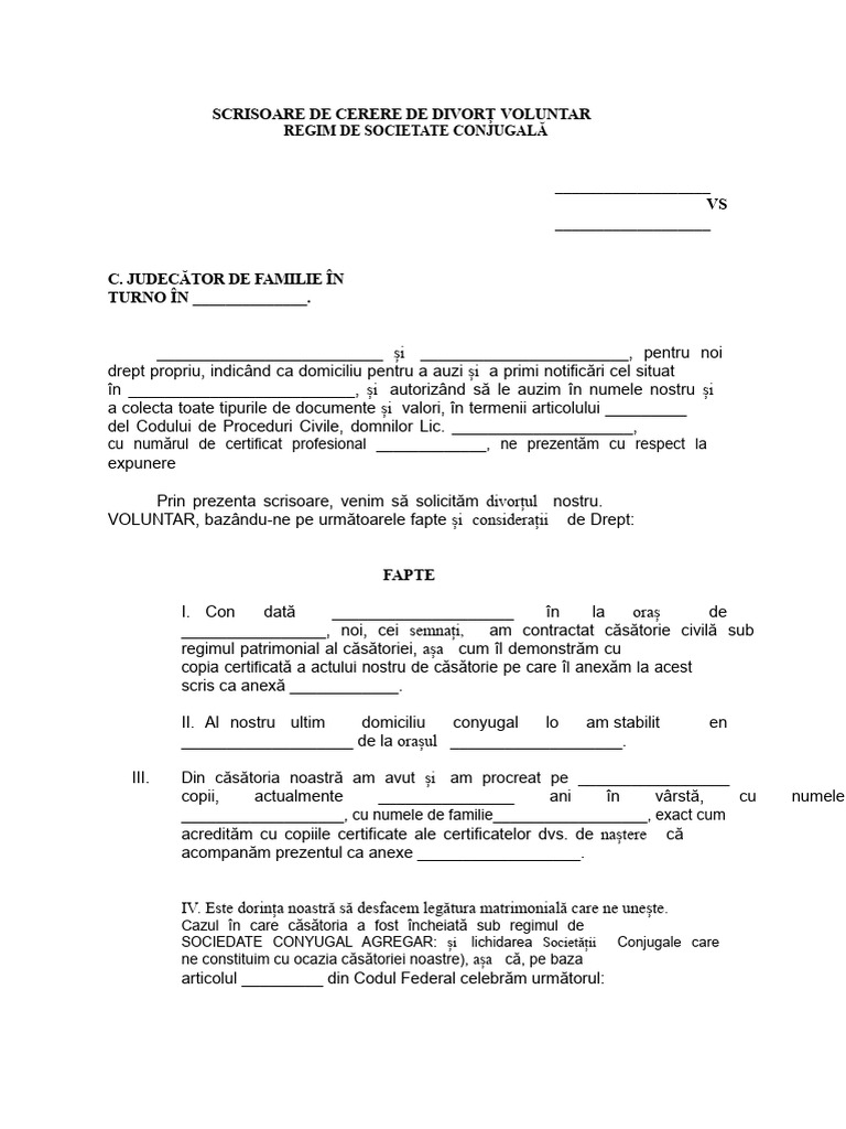Scrisoare de Cerere de Divorț Voluntar Regimul de Comunitate de Bine. | PDF