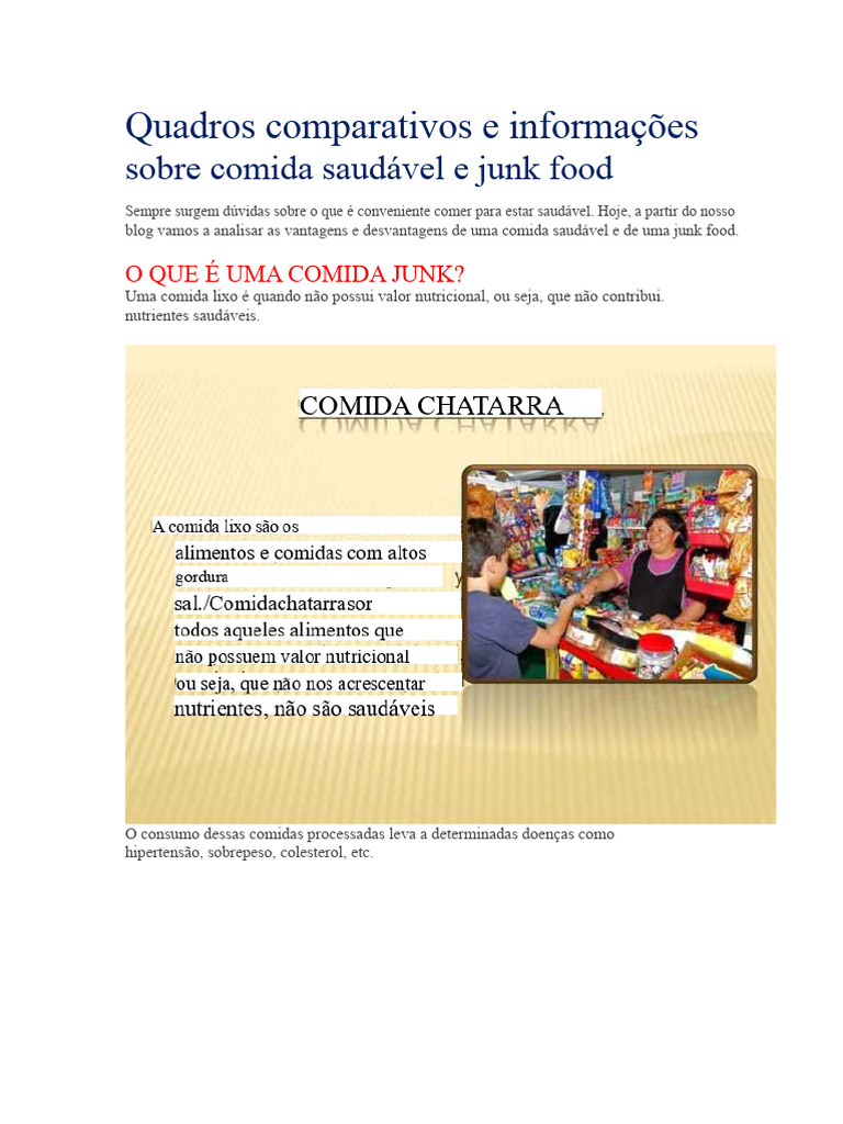 Comida Saudável vs. Junk Food: Comparativo | PDF | Alimentos | Comida ...