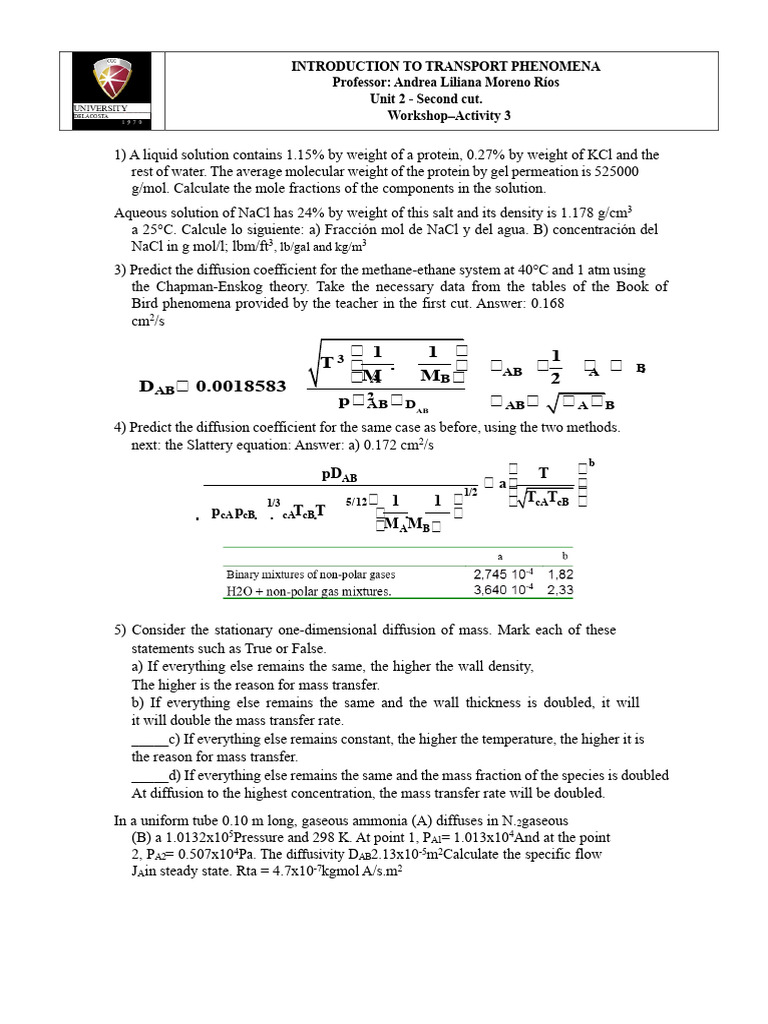 Transport Phenomena: Diffusion Calculations | PDF | Diffusion ...