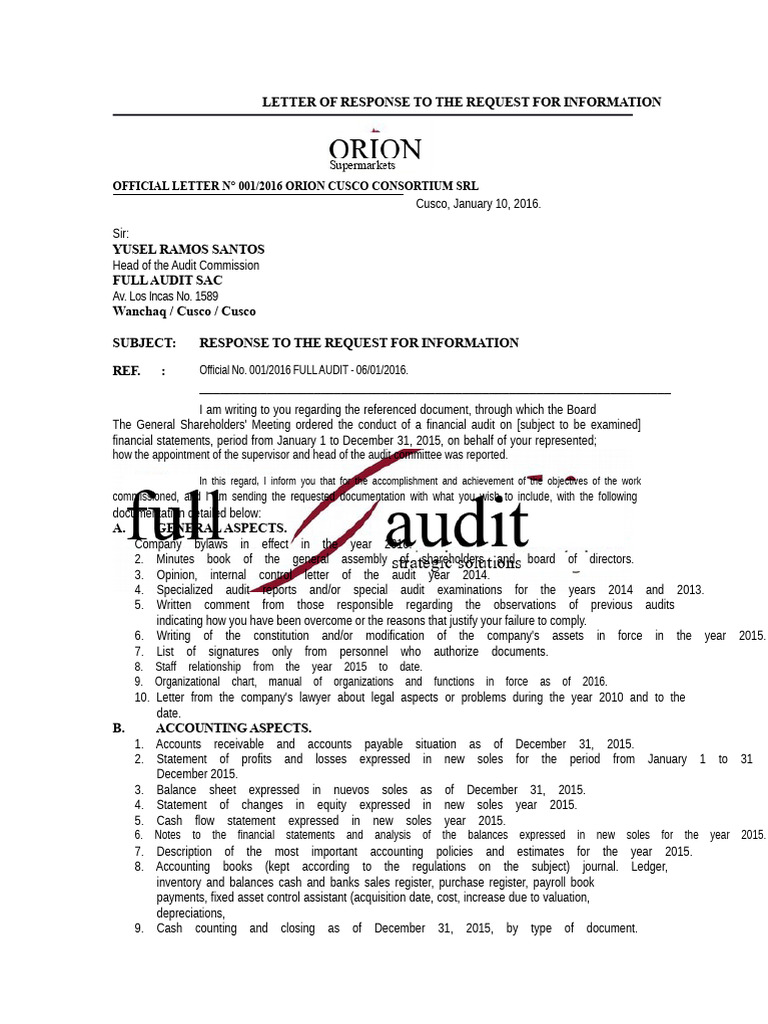 Response to Audit Information Request | PDF | Audit | Banks