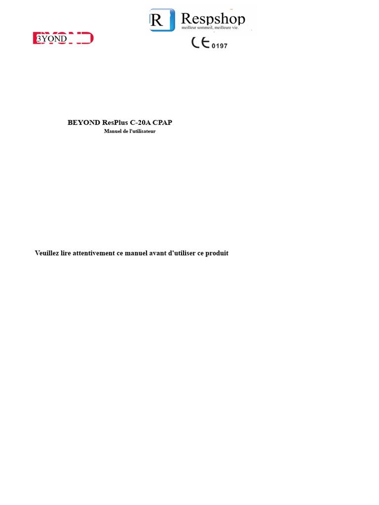 Manuel utilisateur BEYOND ResPlus C-20A CPAP | PDF