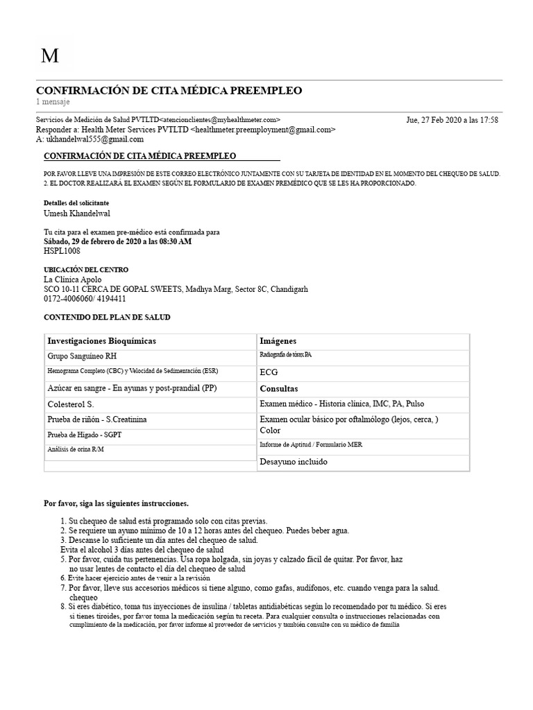Confirmación de Cita Médica Preempleo | PDF | Especialidades Medicas ...