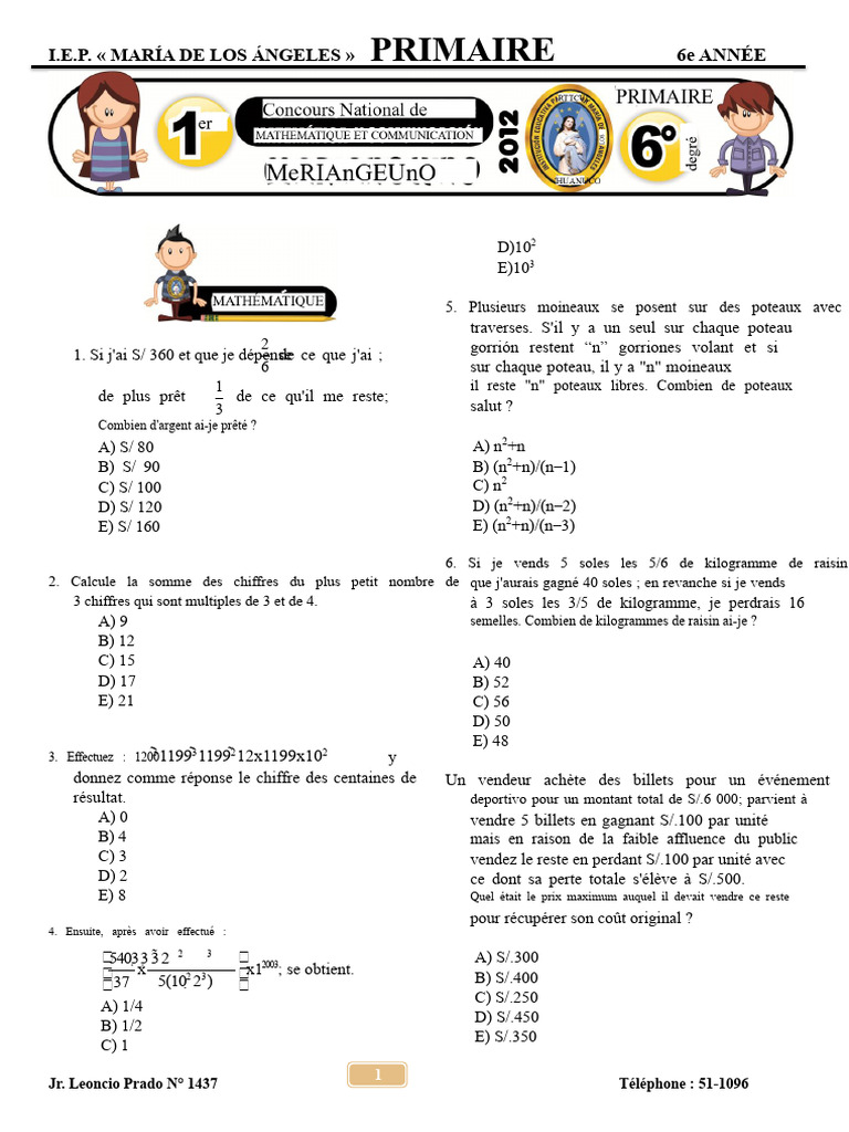 Exercices de mathématiques pour 6e année | PDF | Mathématiques