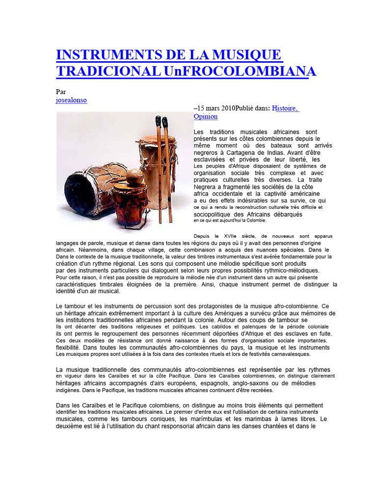 Instruments de la musique afro-colombienne | PDF | Tambour | Afrique