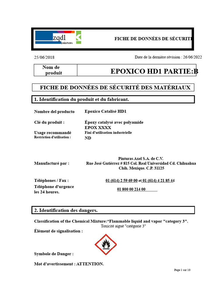 Fiche de Sécurité EPOXICO HD1 PARTIE B | PDF | La combustion | Eau