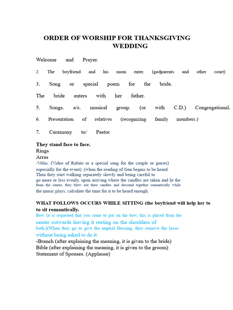 Order of Worship For Wedding Thanksgiving Ceremony For Hall | PDF ...