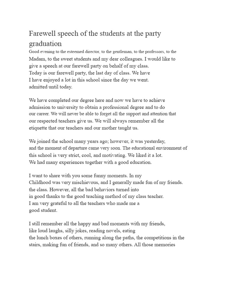 Farewell Speech of The Students at The Graduation Party. | PDF