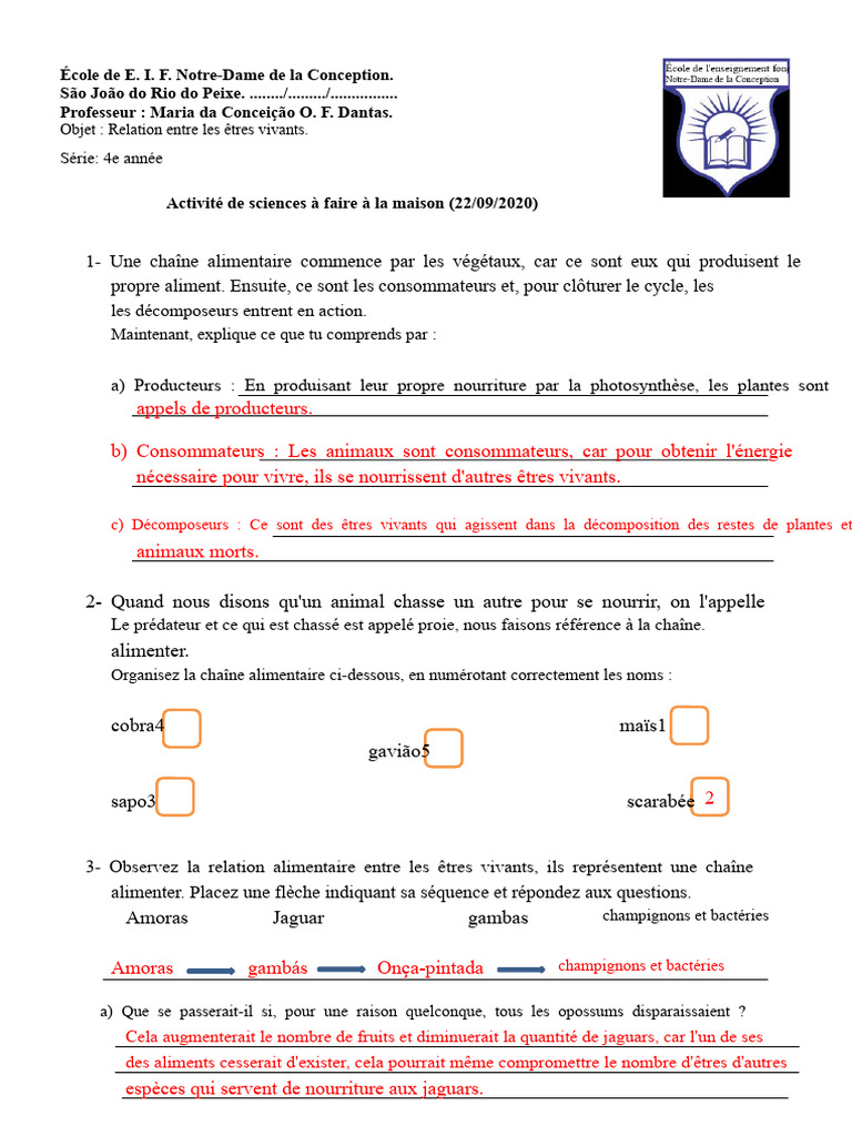 Activité de Sciences (Relations Entre Les Êtres Vivants) 22-09-2020 ...