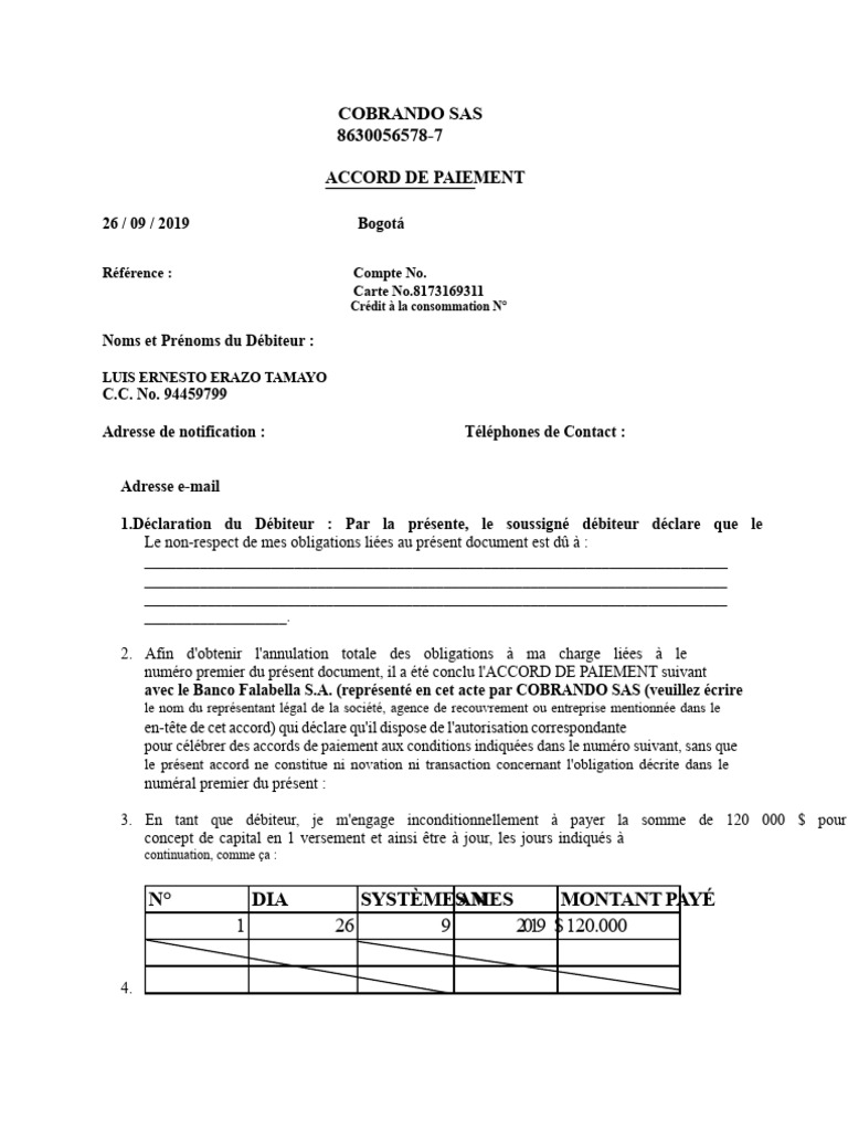 Accord de Paiement COBRANDO SAS 2019 | PDF | Crédit | Finance et ...